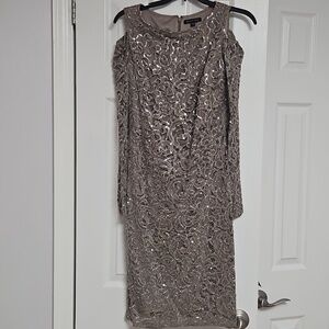 Taupe Sequined Lace Evening Dress